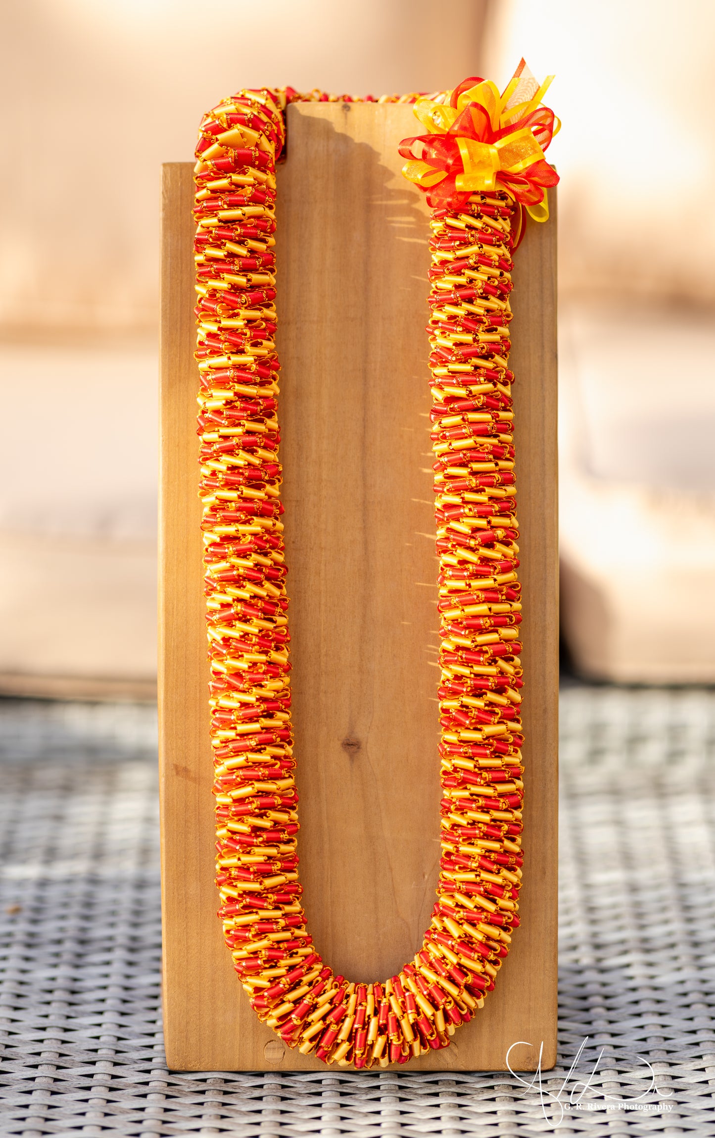 Handcrafted Red & Gold Ribbon Lei with Bow