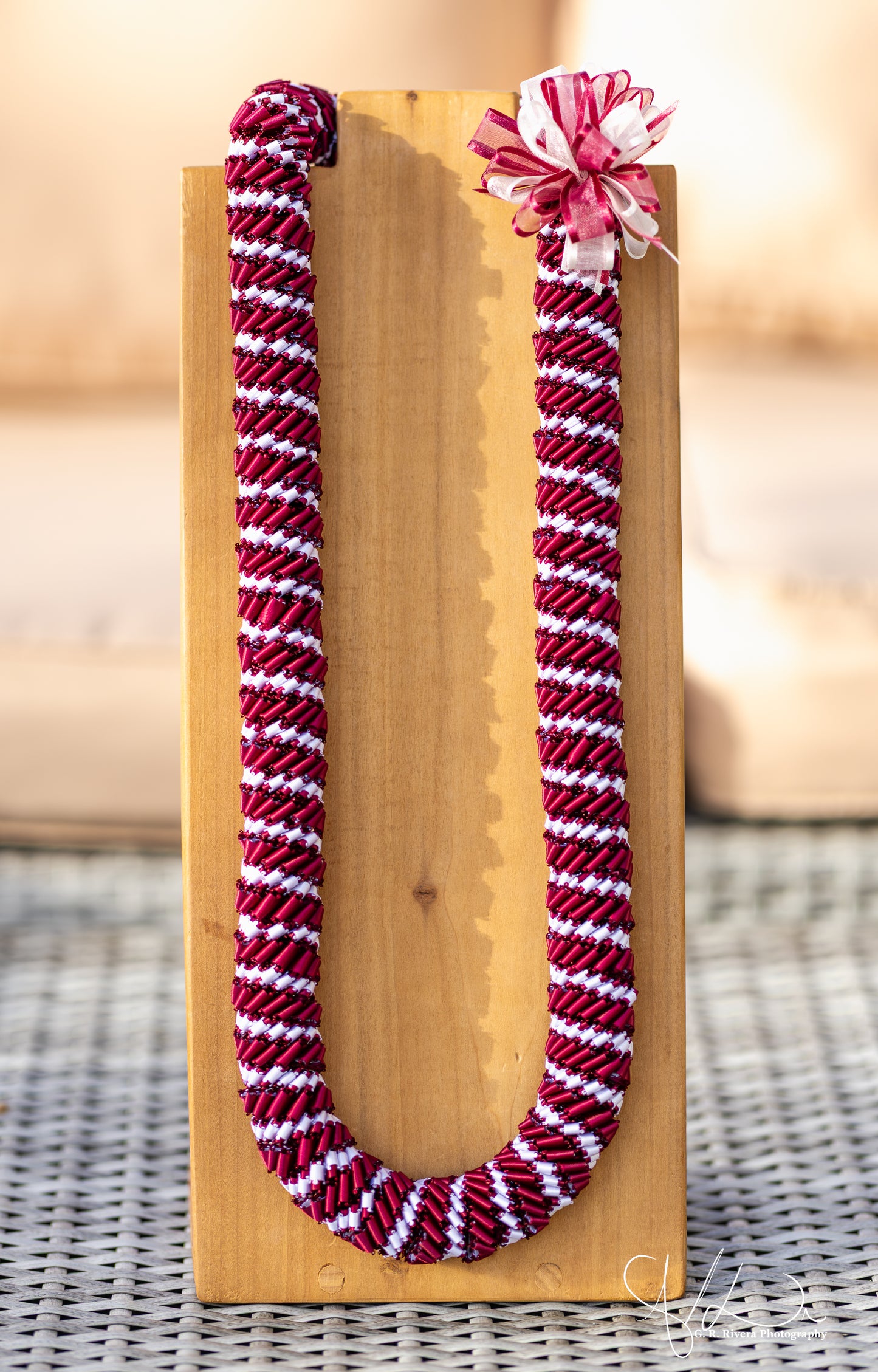 Handcrafted Red & Gold Ribbon Lei with Bow