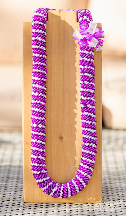 Handcrafted Purple & White Ribbon Lei With Bow