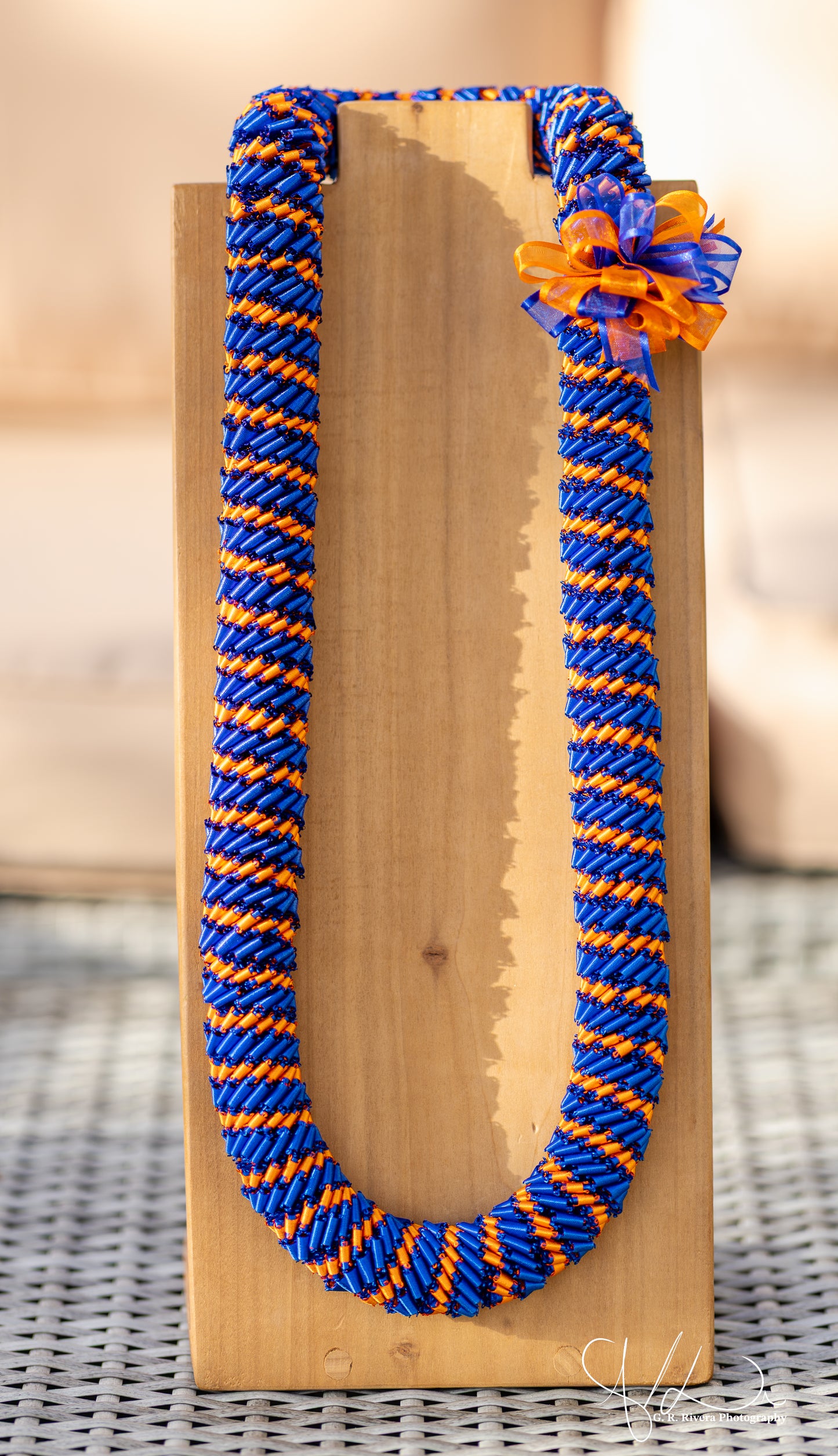 Handcrafted Royal Blue & Orange Ribbon Lei With Bow
