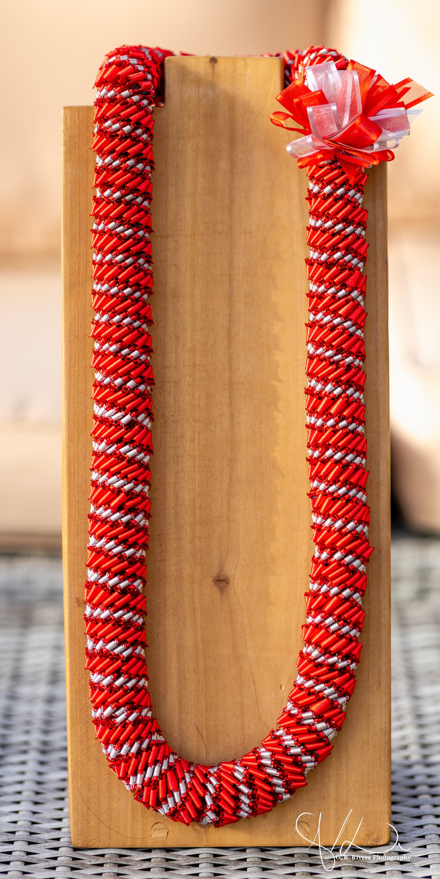 Handcrafted Red & Gold Ribbon Lei with Bow